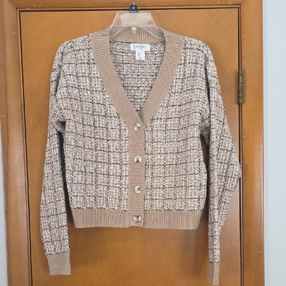 Jessica Simpson Tan Tweed Button Cardigan